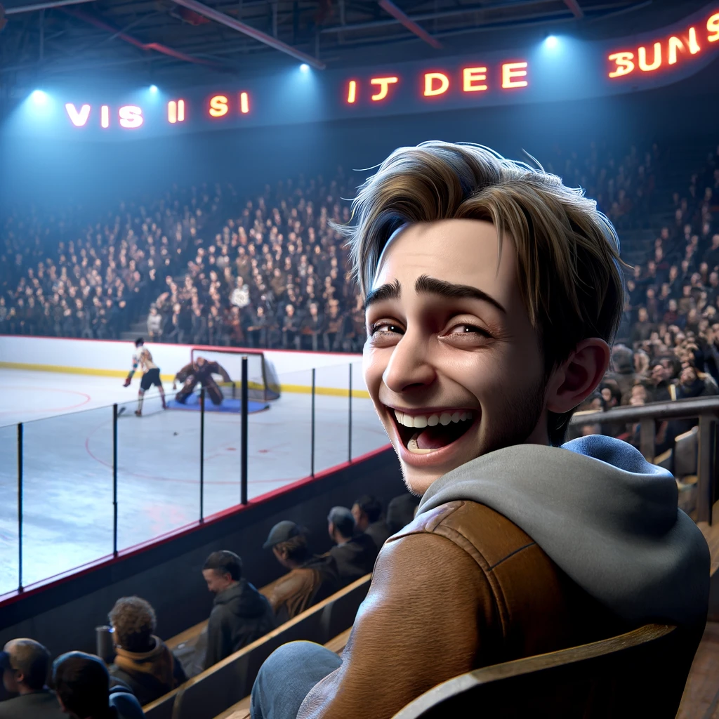 DALL·E 2024 05 31 19.09.05 A realistic photo quality image with clever use of angles and shadows appealing to ice hockey fans. The setting is an ice hockey rink with a vibrant